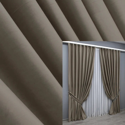 Luxurious cocoa velvet curtains with a plush texture, perfect for blackout and noise reduction in living rooms and bedrooms.
