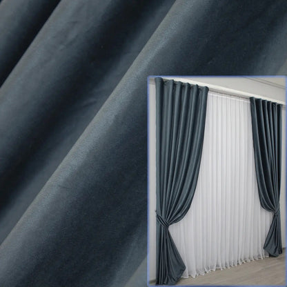 Luxurious dark grey-blue velvet curtains, set of 2, with premium fabric offering light-blocking properties, ideal for living rooms and bedrooms.
