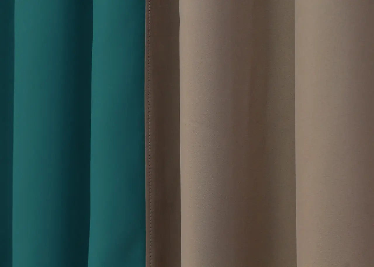 Luxurious emerald green (also called Forest Green) and dark beige (also called Taupe) blackout curtains for living rooms, offering both style and function.
