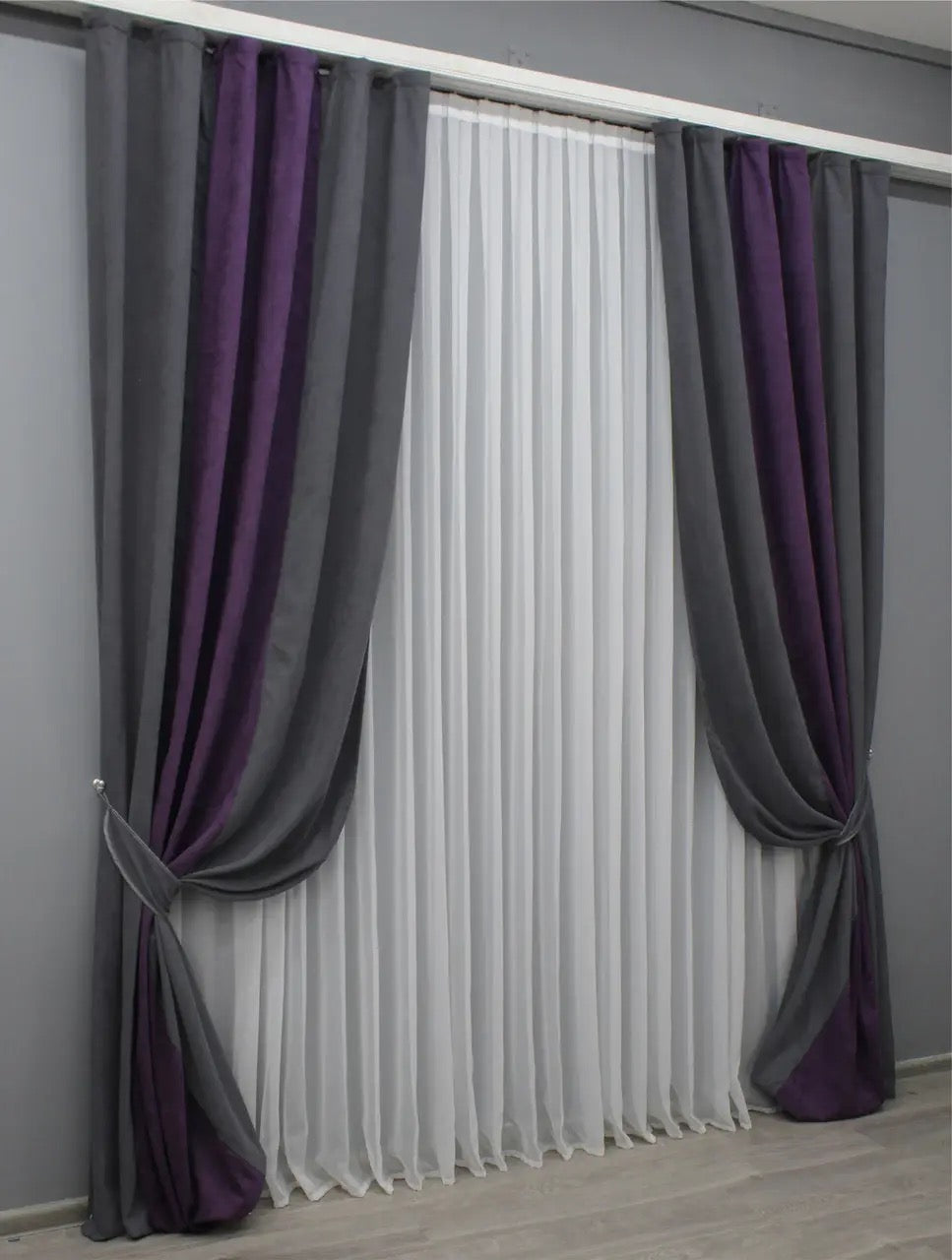 Luxurious graphite and deep plum combined microvelvet curtains, perfect for adding depth and sophistication to contemporary living rooms and bedrooms.
