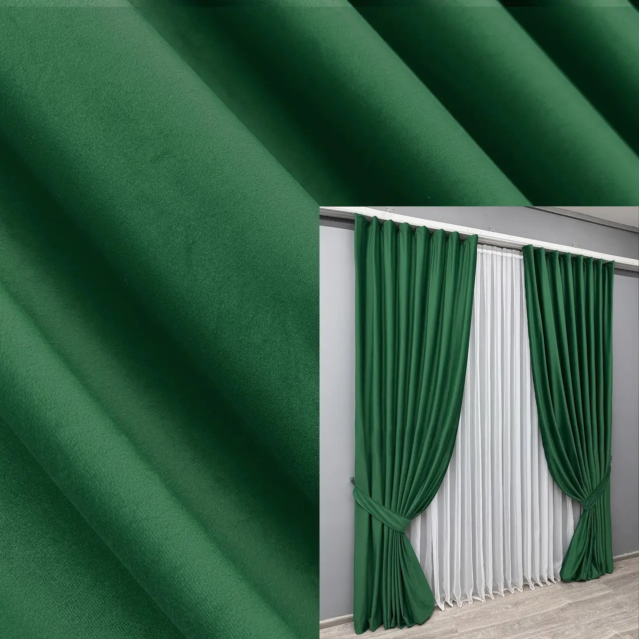 Luxurious deep green velvet curtains with a plush texture, perfect for blackout and noise reduction in living rooms and bedrooms.
