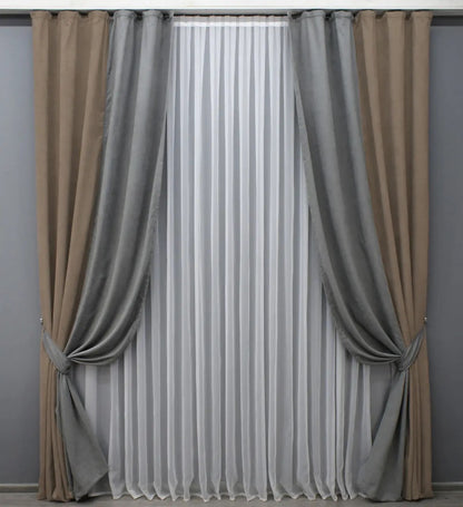 Luxurious light cocoa and grey combined microvelvet curtains, perfect for modern living rooms, bedrooms, and offices, adding a refined contrast to your décor.
