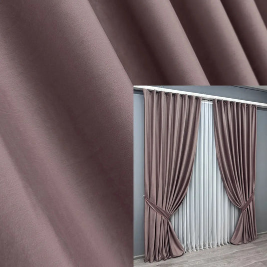 Luxurious powder pink velvet curtains made from soft premium fabric, perfect for blackout and noise reduction in living rooms, bedrooms, and dining areas.
