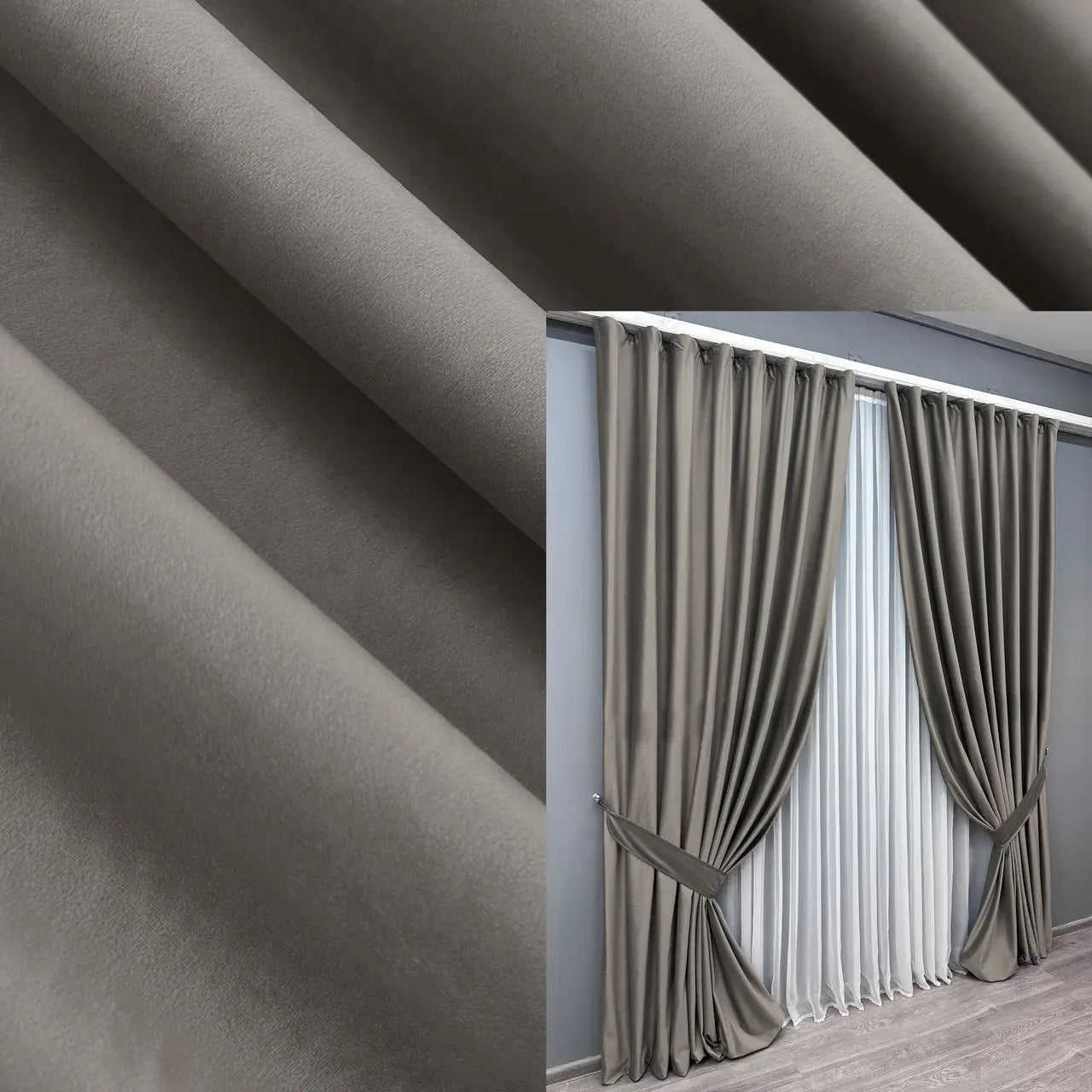 Luxurious taupe grey velvet curtains made from soft premium fabric, perfect for blackout and noise reduction in living rooms, bedrooms, and dining areas.
