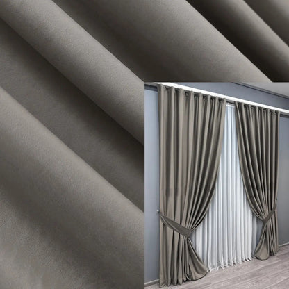 Luxurious taupe grey velvet curtains made from soft premium fabric, perfect for blackout and noise reduction in living rooms, bedrooms, and dining areas.
