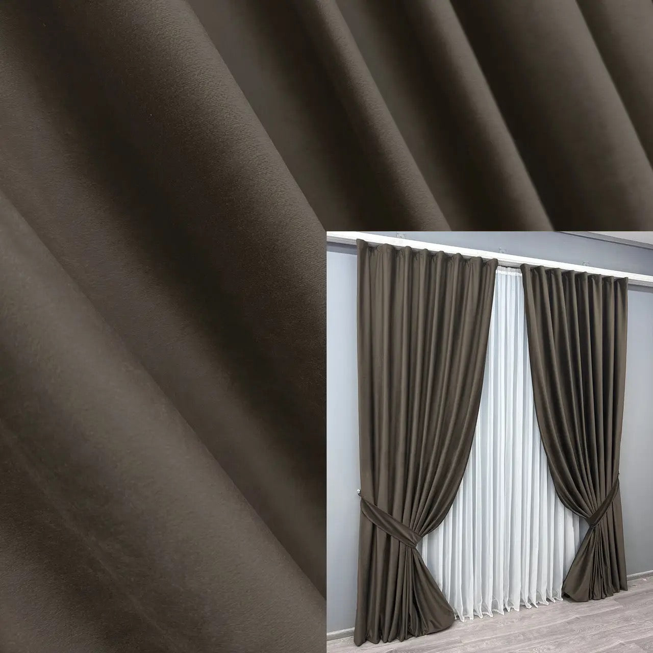 Luxurious wenge velvet curtains in deep dark brown with soft plush texture, ideal for blackout and noise reduction in living rooms, bedrooms, and dining rooms.
