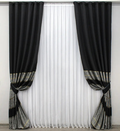Luxury black-grey and gold linen drapes with a subtle striped pattern for contemporary interiors.
