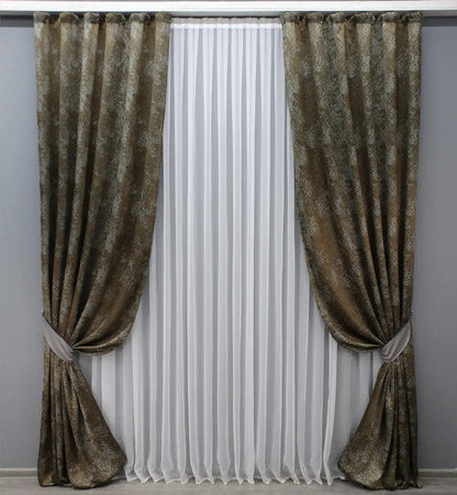 Luxury brown and grey linen drapes featuring a refined textured marble effect for sophisticated home décor.
