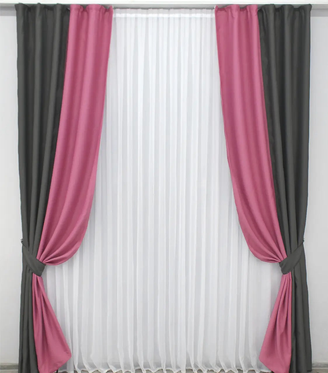 Elegant graphite (charcoal) and raspberry (burgundy, berry) combined blackout curtains offering a sophisticated look for bedrooms and living rooms.
