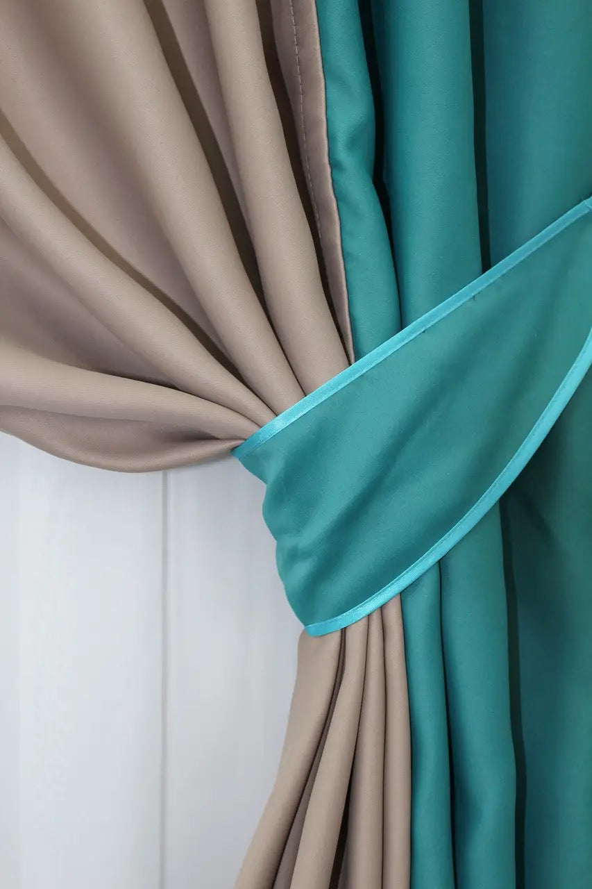 Stylish two-tone turquoise and cocoa combined curtains with excellent light-blocking properties, perfect for a cozy atmosphere.
