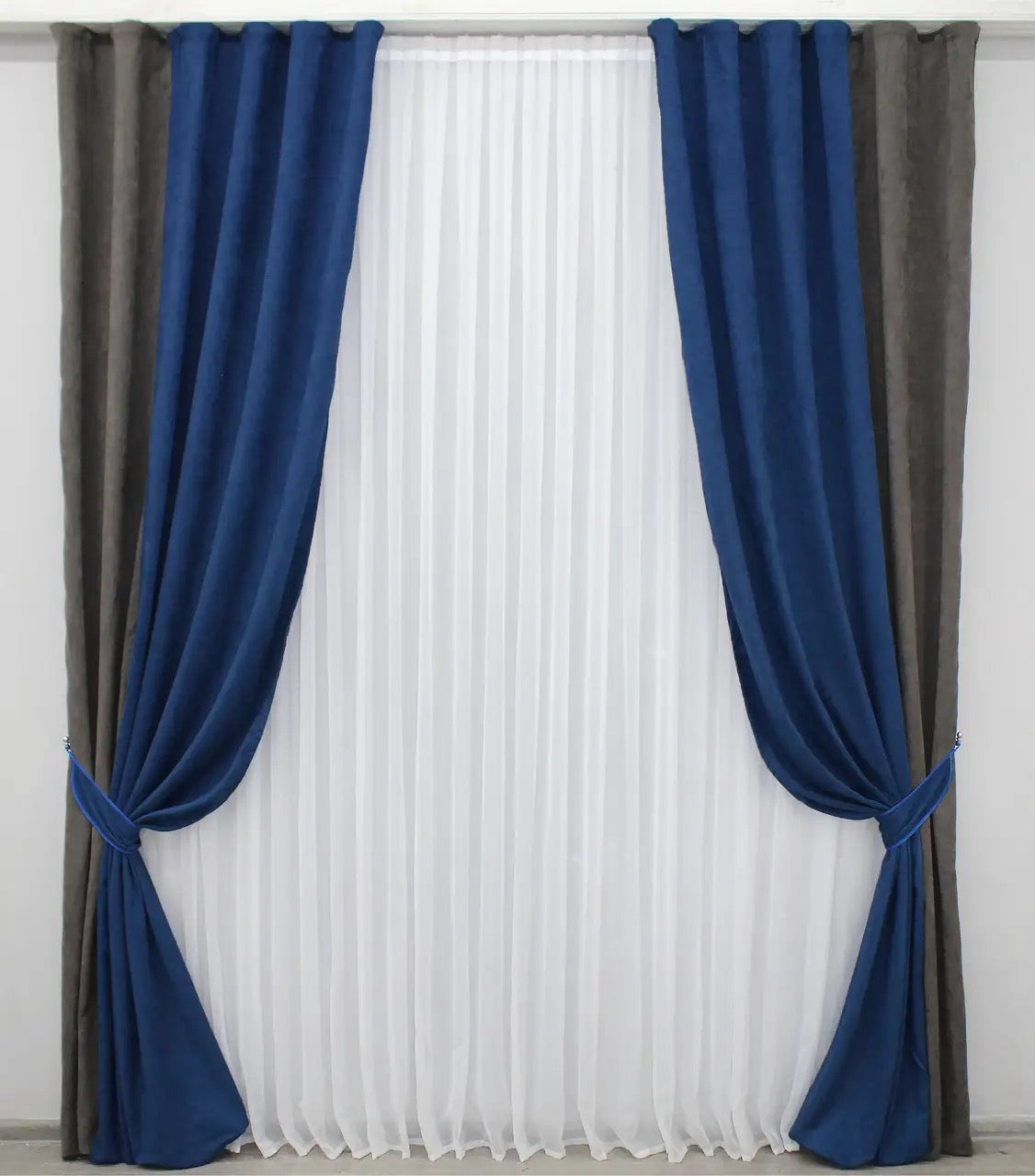 Elegant dark cocoa and navy blue combined microvelvet curtains offering a sophisticated look for bedrooms and living rooms.
