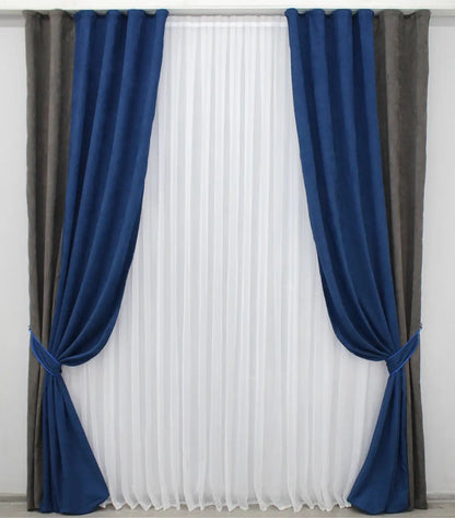 Elegant dark cocoa and navy blue combined microvelvet curtains offering a sophisticated look for bedrooms and living rooms.
