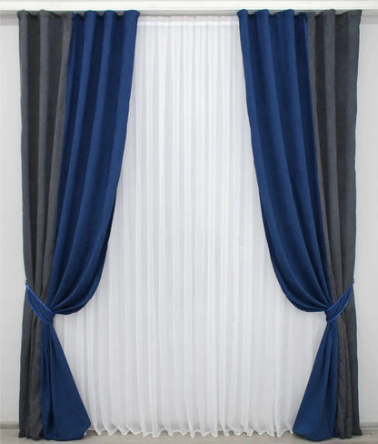 Elegant graphite, blue, and silver combined microvelvet curtains offering a sophisticated look for bedrooms and living rooms.
