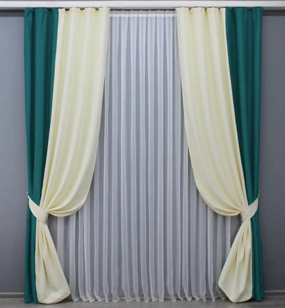 Premium emerald green and soft cream combined blackout curtains, providing superior privacy and a stylish, modern contrast.
