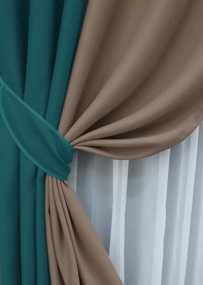 Luxurious emerald green (or Bottle Green) and dark beige (also called Camel) blackout curtains ideal for modern or classic interiors with enhanced privacy.
