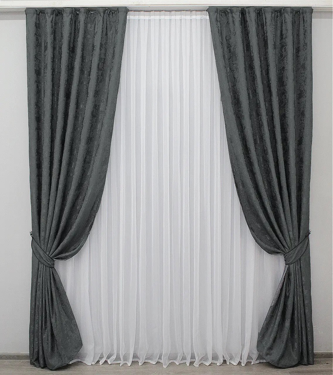 Luxury semi-blackout light grey jacquard curtains with an intricate woven pattern, ideal for living rooms and bedrooms.
