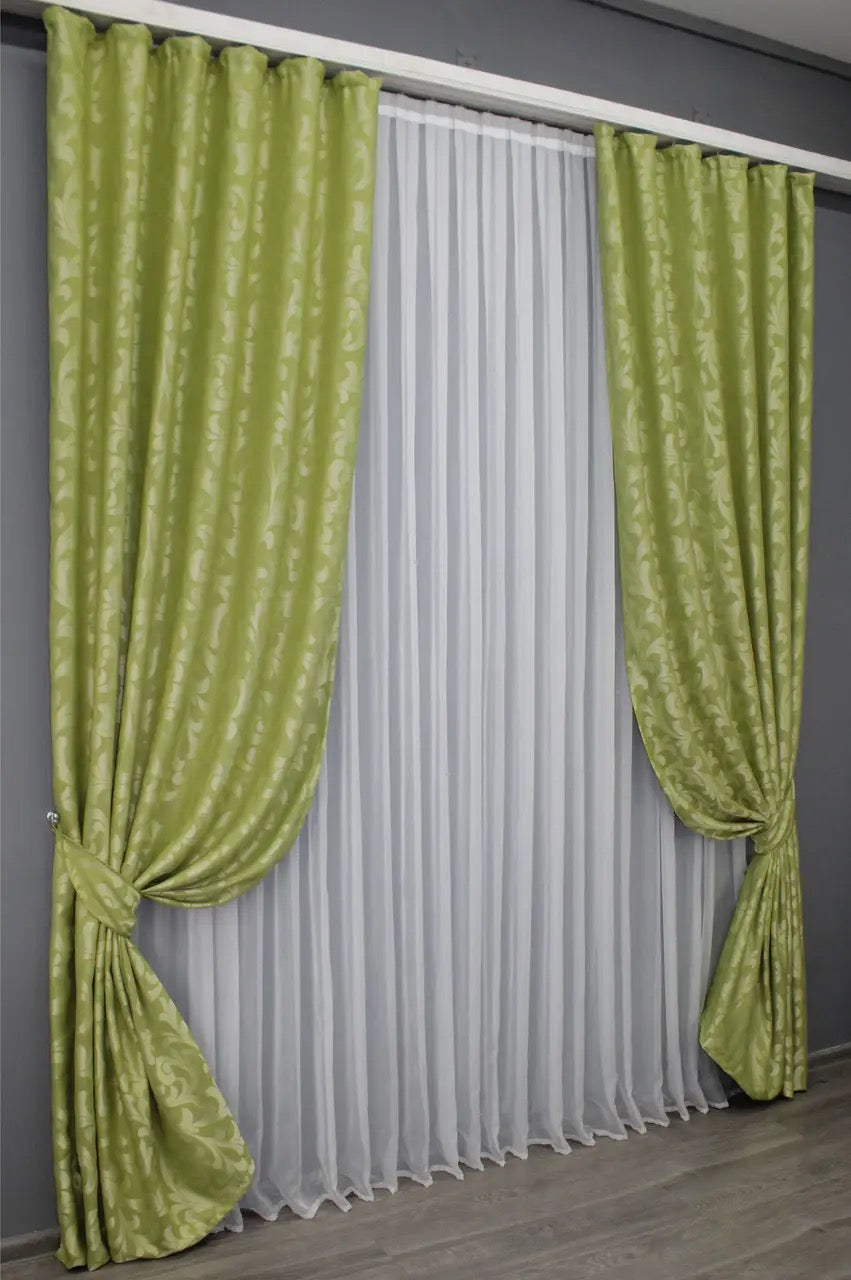 Elegant olive green Venzel curtains with a refined embossed design, perfect for living rooms and bedrooms.
