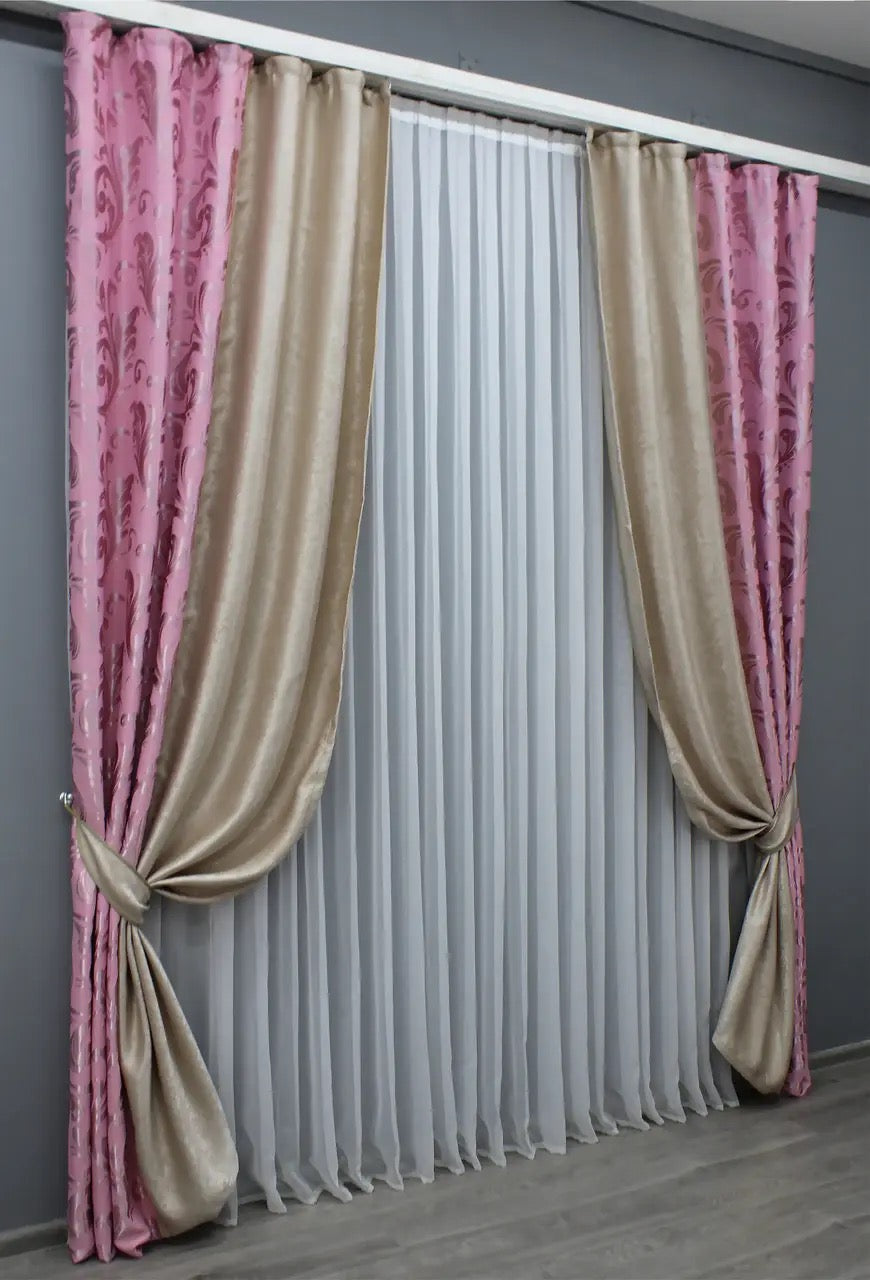 Luxurious pink and beige combined curtains with blackout soft fabric, designed for ultimate privacy and comfort.
