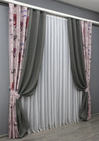 Elegant two-tone multicolor, soft pink, and dark grey satin-linen curtains from the "Artisan Blend" Collection, perfect for artistic and eclectic decor.
