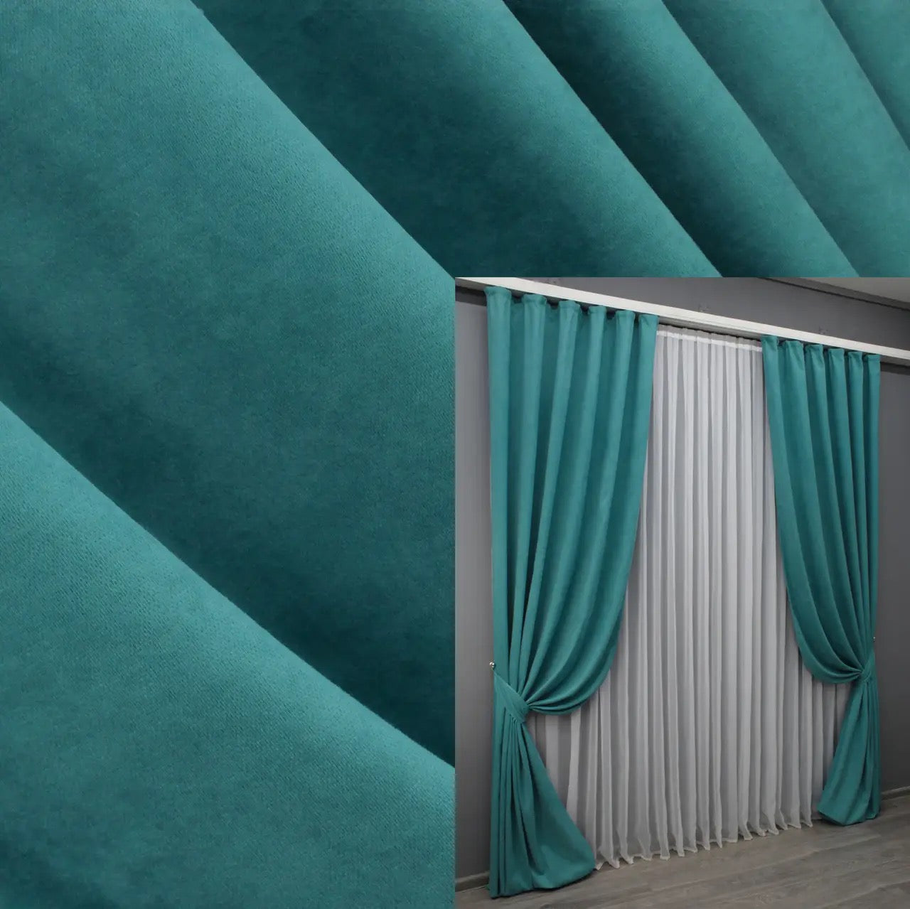 Luxurious turquoise microvelvet curtains with a soft drape, adding vibrancy and elegance to any interior.
