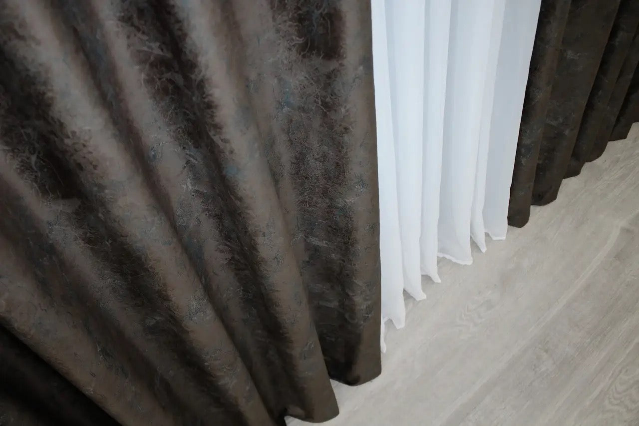 Luxurious brown wenge velvet curtains that absorb ambient noise, perfect for adding elegance and comfort to your home.
