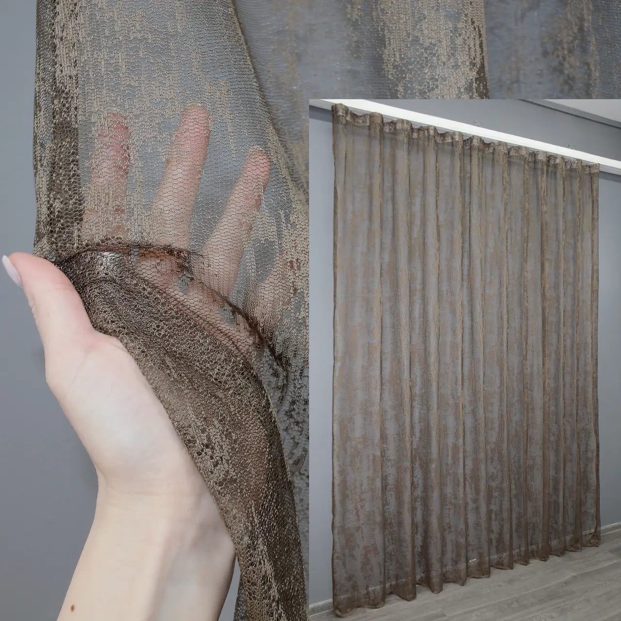 Brown sheer curtain with warm neutral tone – breathable jacquard fabric
