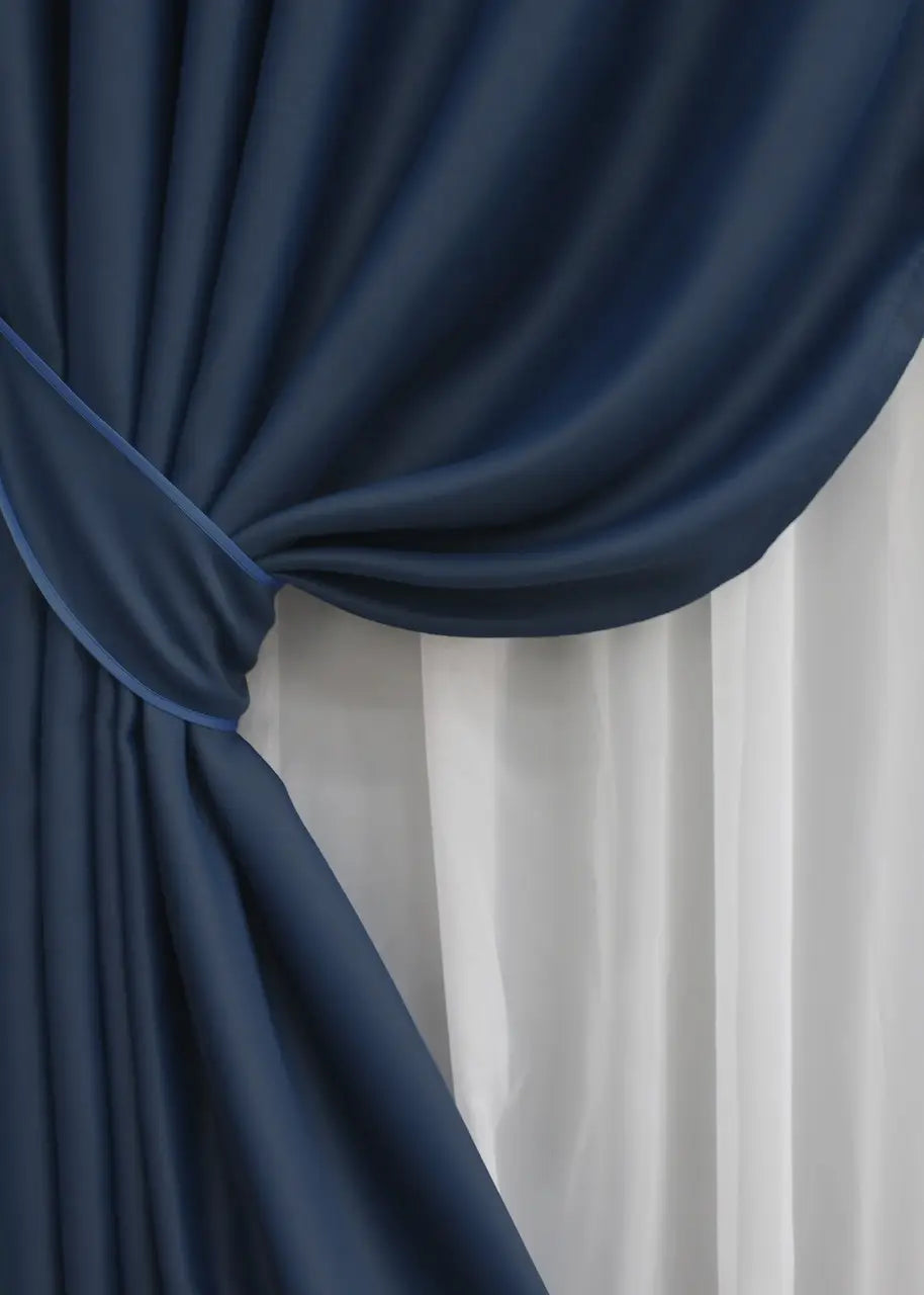 Midnight blue blackout curtains designed to block external light and maintain privacy.
