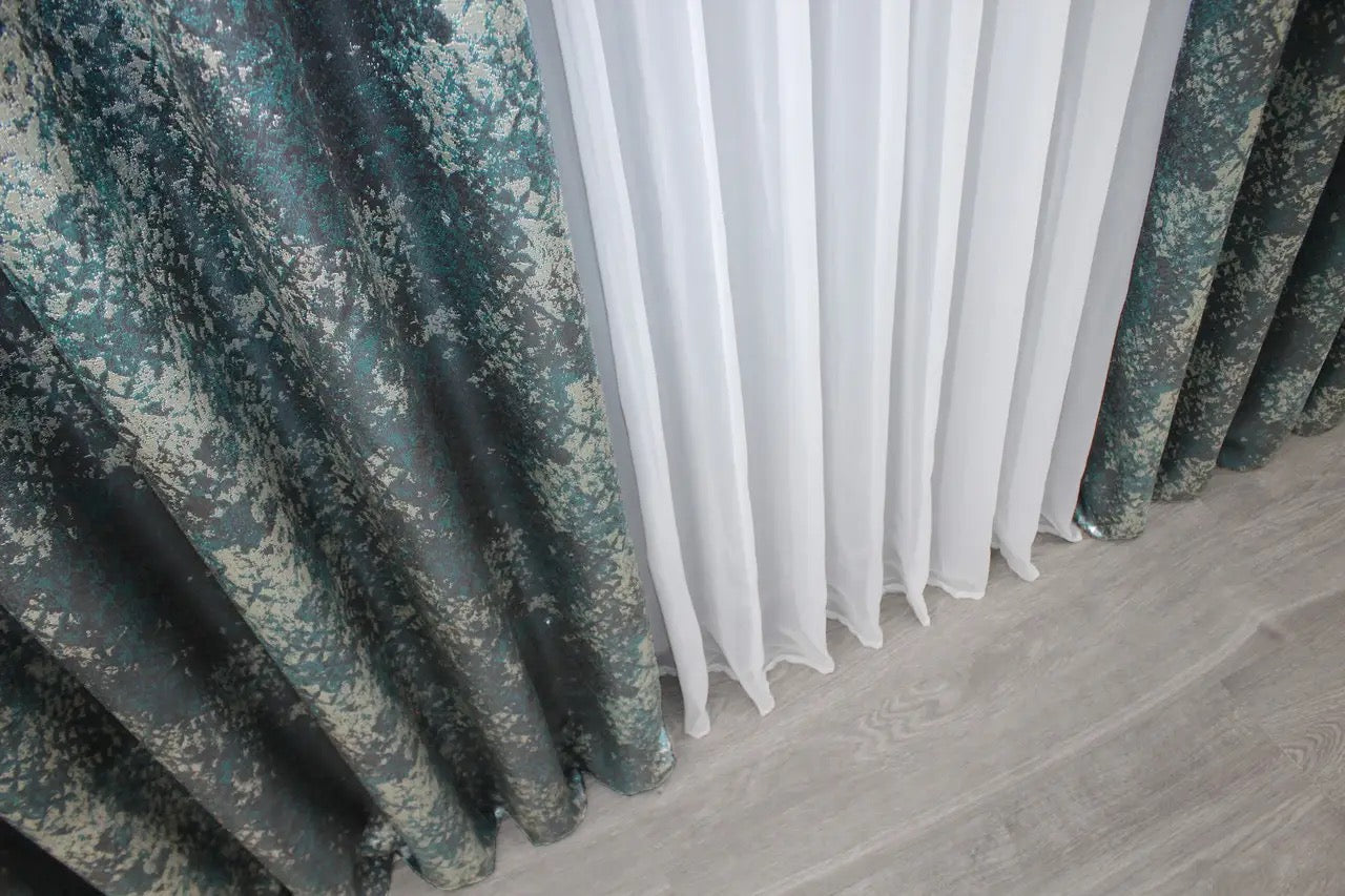 Versatile teal and grey linen drapes, combining modern elegance with premium fabric quality.
