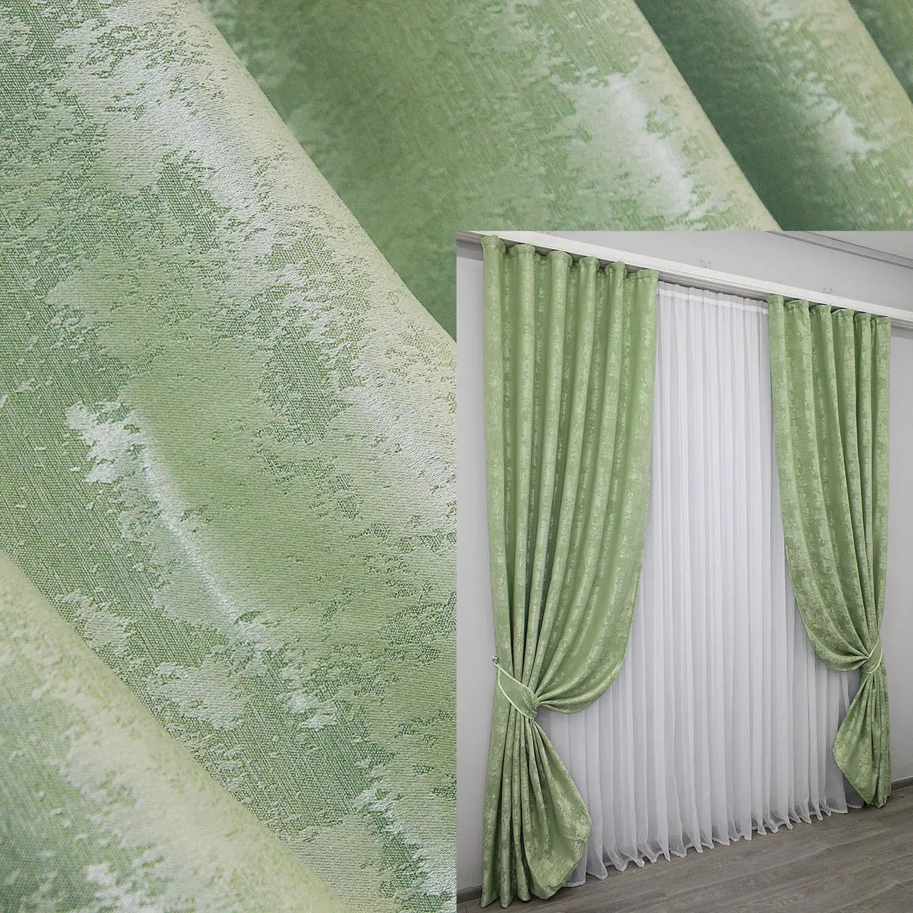 Elegant mint jacquard curtains with a light, refreshing green hue, perfect for creating a calming and elegant home décor.
