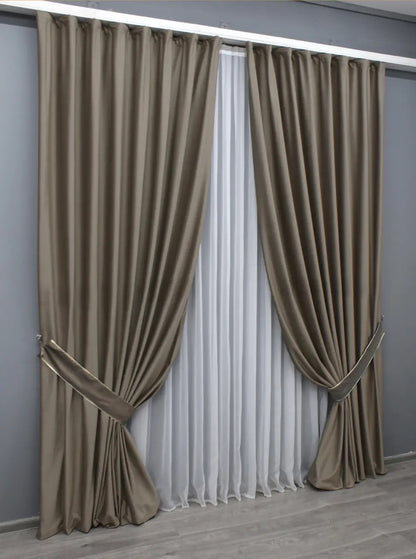 Mocha brown blackout velvet curtains with a premium soft-touch finish, ideal for modern and classic interiors.
