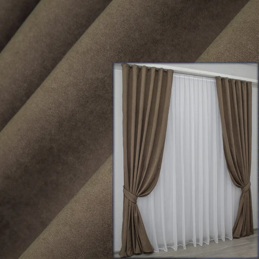 Elegant mocha microvelvet curtains with a rich texture, perfect for modern and classic interiors.
