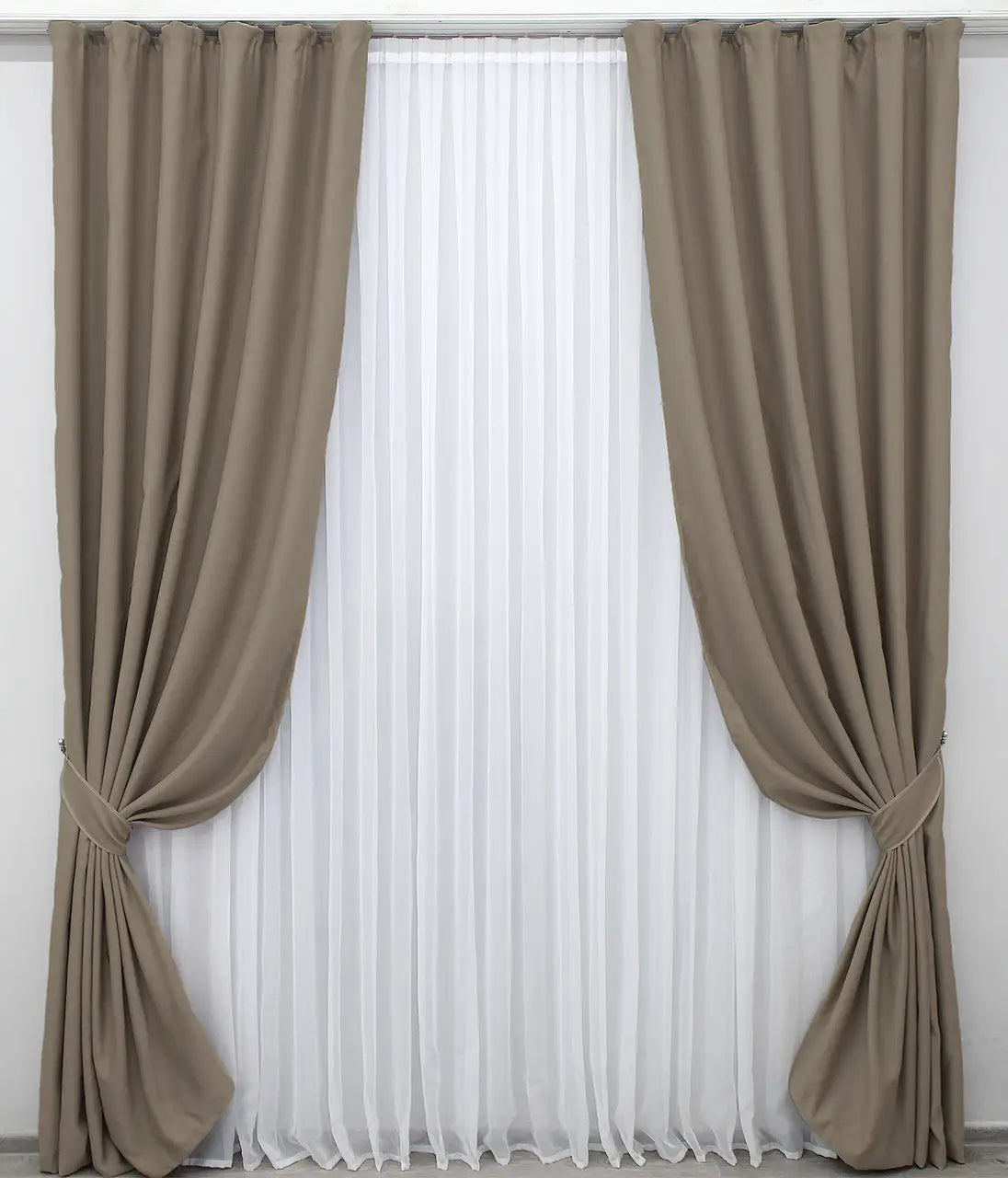 Mocha Fusion Dimout blackout curtains with an elegant finish for stylish interiors.
