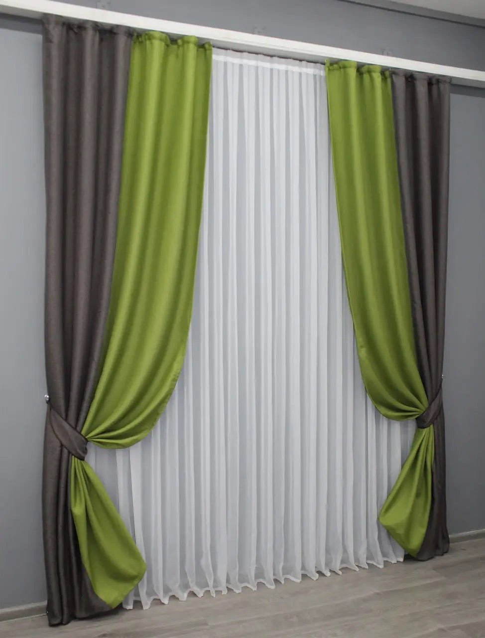 Elegant grey-brown and lime green combined linen blackout curtains with a burlap-like texture for a sophisticated and natural look.
