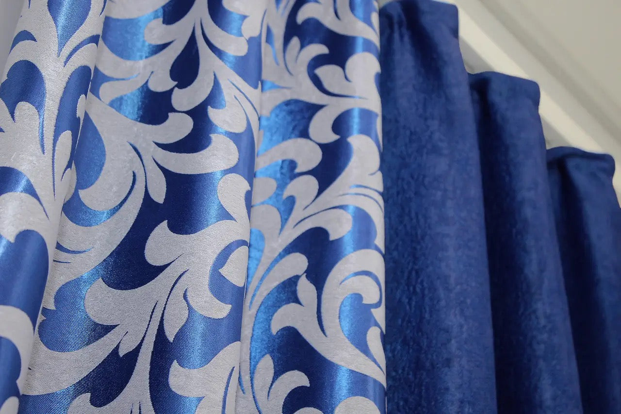 Modern blue and grey patterned combined curtains with luxurious blackout soft fabric for cozy and elegant spaces.
