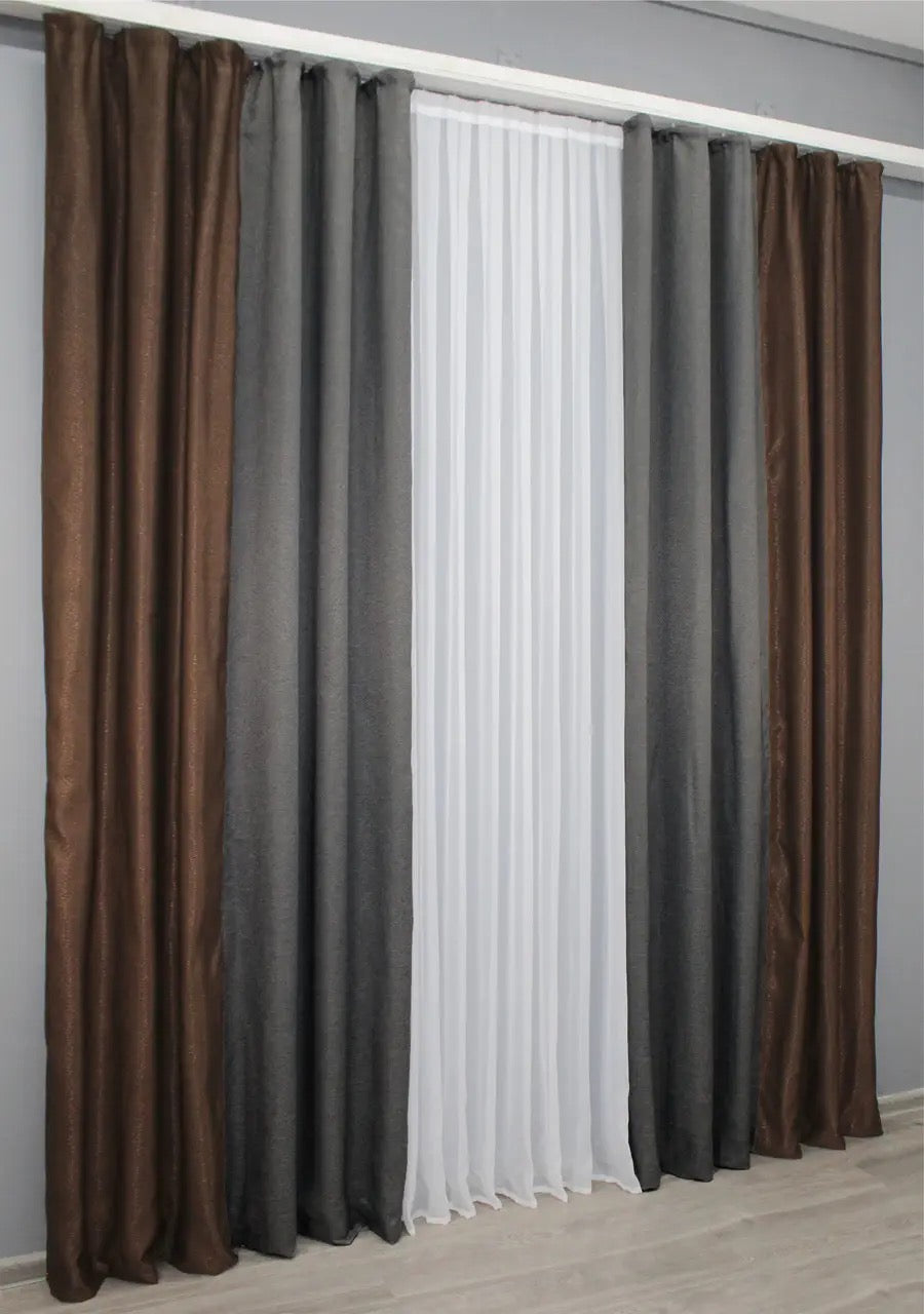 Stylish combined linen curtains in brown (Chocolate, Mocha, Coffee) and gray (Charcoal, Slate, Ash), adding depth and elegance to contemporary décor.
