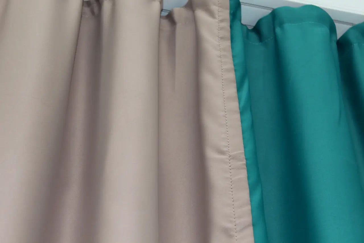 Modern turquoise and coffee brown combined curtains with a luxurious blackout fabric, ideal for bedrooms and study rooms.
