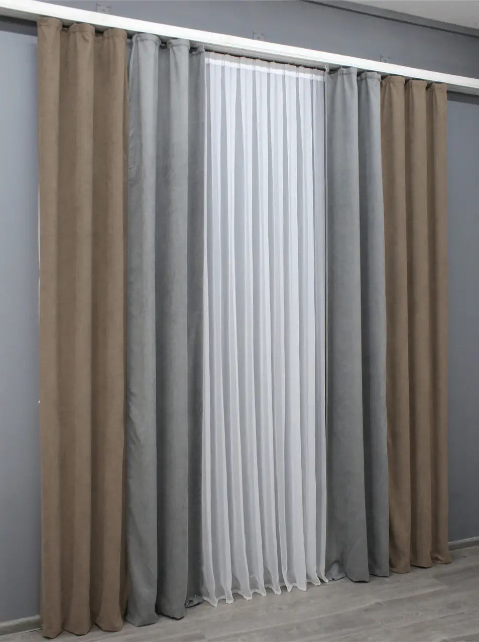 Modern light cocoa and grey combined curtains from the "Sparta" collection, offering comfort, style, and light control for contemporary home spaces.
