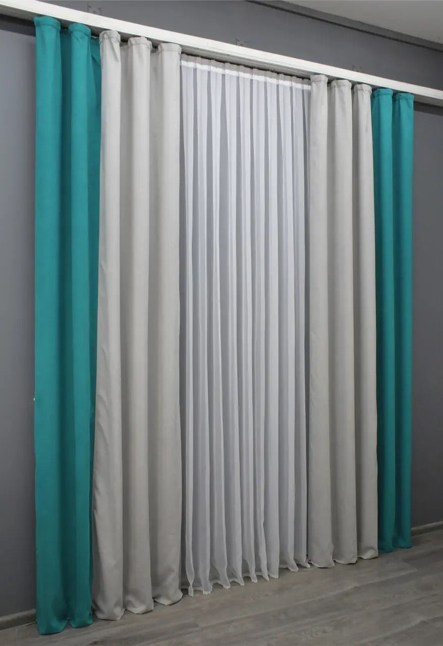 Modern turquoise and light grey combined microvelvet curtains with a harmonious contrast, ideal for contemporary home décor.
