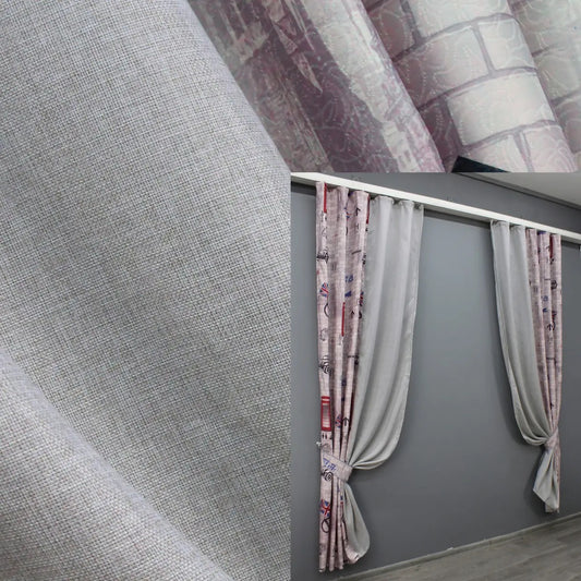 Multicolor and light grey combined satin-linen curtains with a bold pattern and soft grey contrast, perfect for a contemporary home décor.
