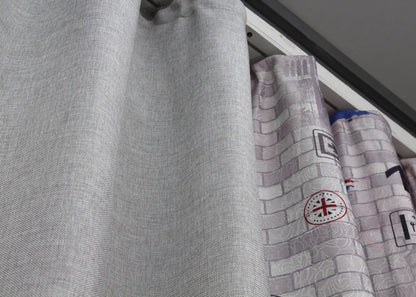 Stylish multicolor and light grey satin-linen curtains with a creative design, perfect for enhancing eclectic and contemporary home interiors.
