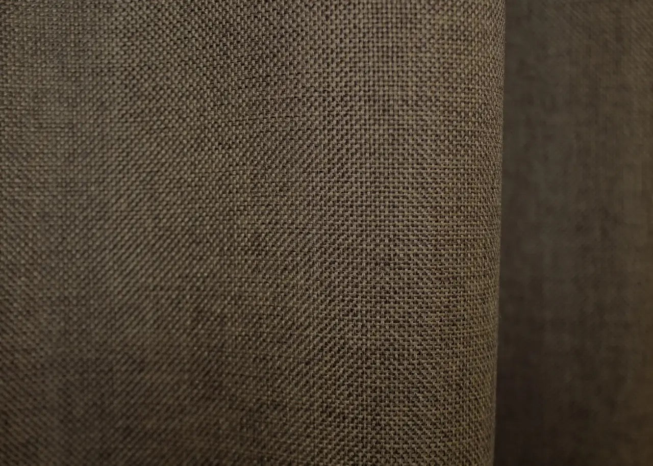 Dark oak burlap-textured linen drapes, suitable for loft, vintage, and farmhouse-style interiors.
