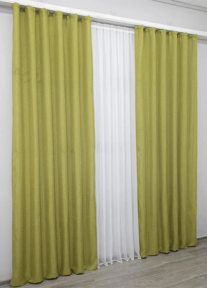 Muted olive burlap-style linen curtains with a warm modern aesthetic, designed for eco-friendly and minimalist interiors.
