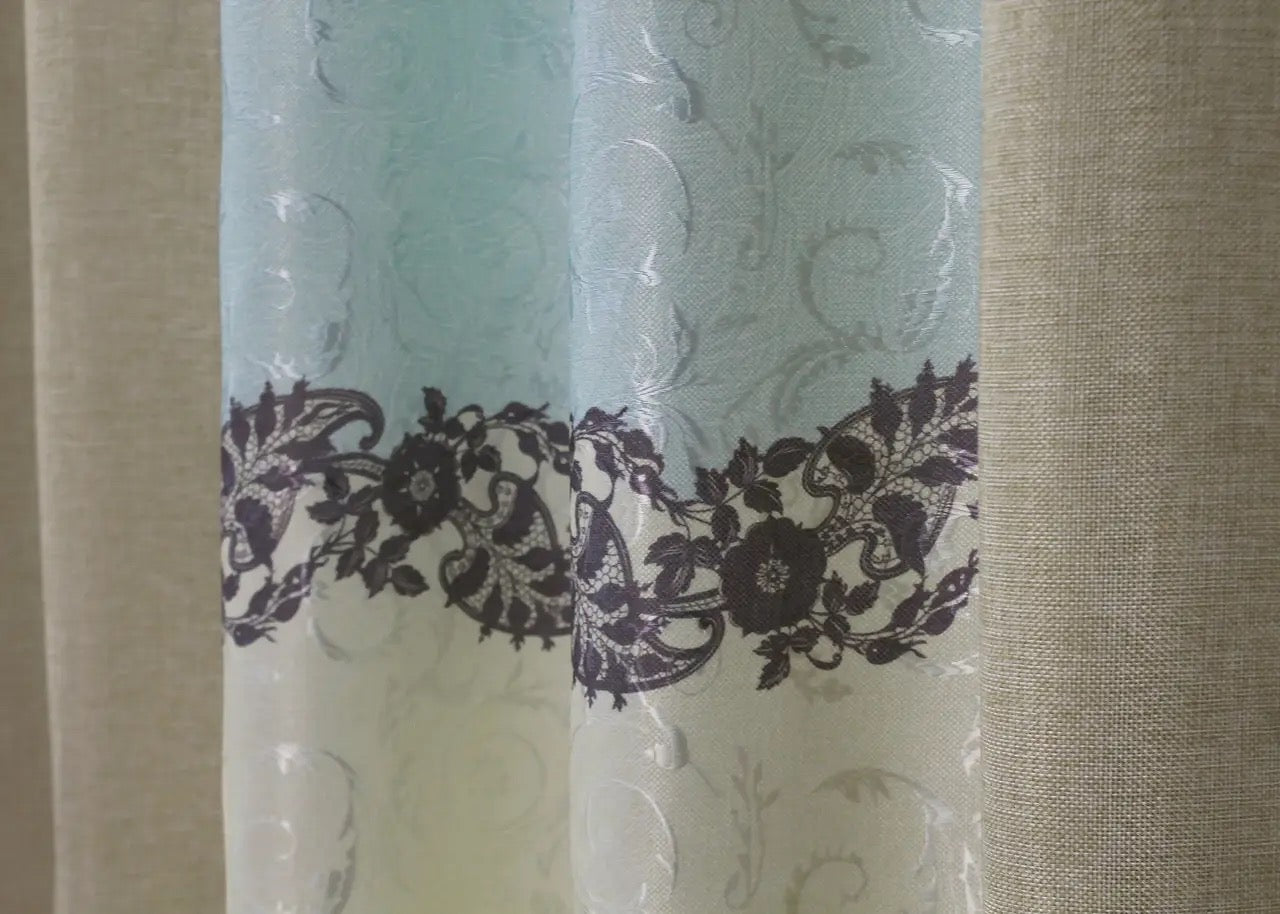 Natural beige and turquoise combined linen curtains, offering a fresh pop of color and a soft, breathable texture perfect for any room.
