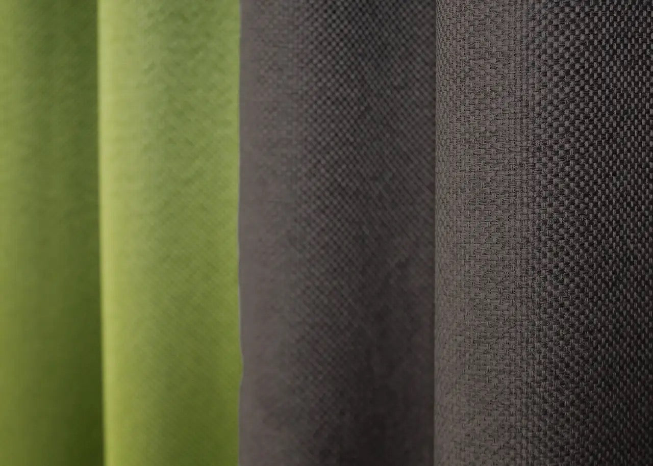 Stylish grey-brown and lime green combined linen blackout curtains, designed to provide both excellent light-blocking and a soft, inviting atmosphere.
