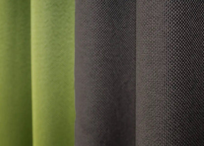 Stylish grey-brown and lime green combined linen blackout curtains, designed to provide both excellent light-blocking and a soft, inviting atmosphere.
