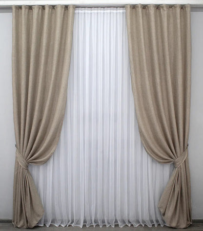 Natural coffee brown linen drapes with a soft matte finish, providing privacy while filtering natural light.
