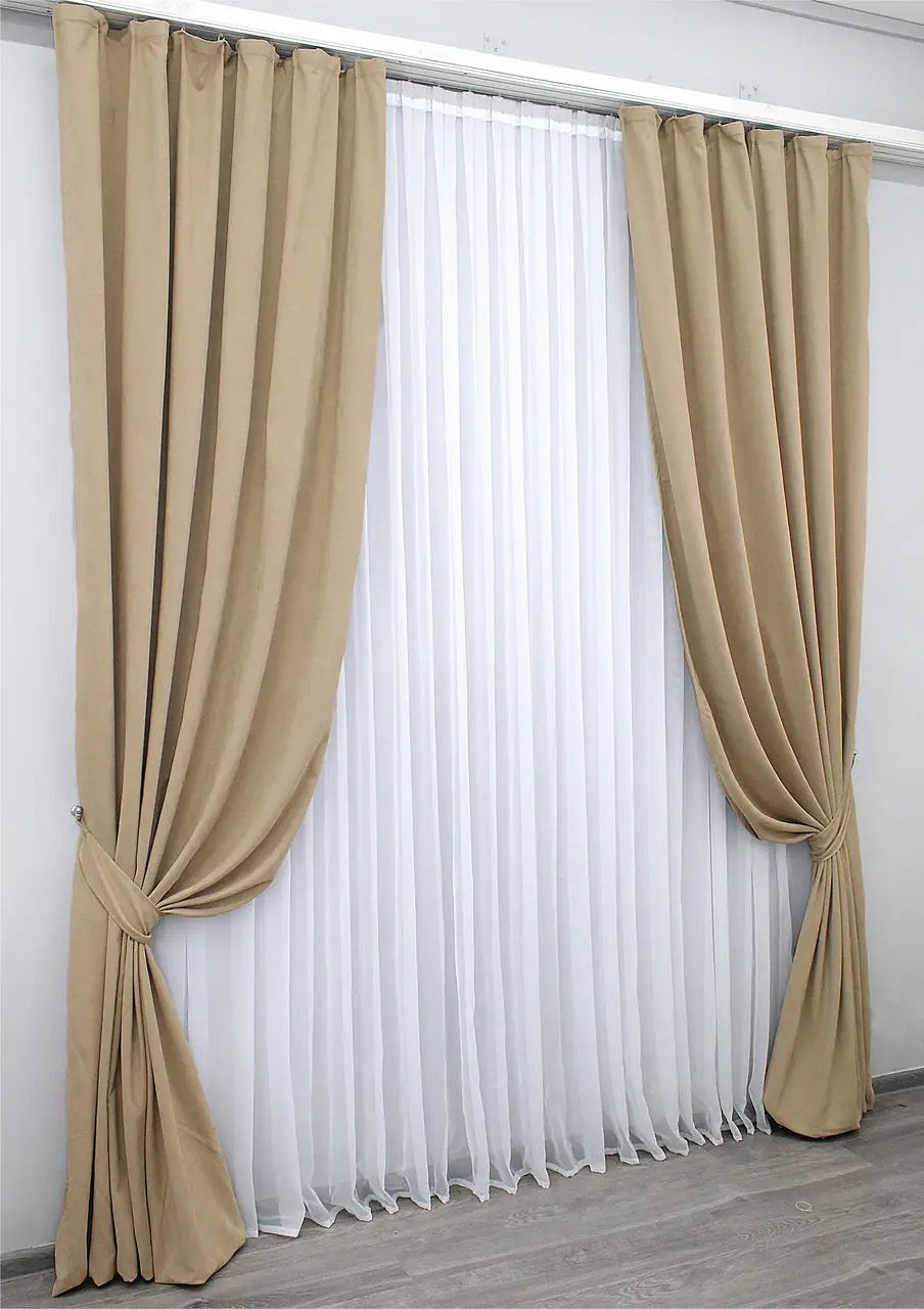 Premium  microvelvet curtains in a neutral beige tone, designed for stylish home decor.
