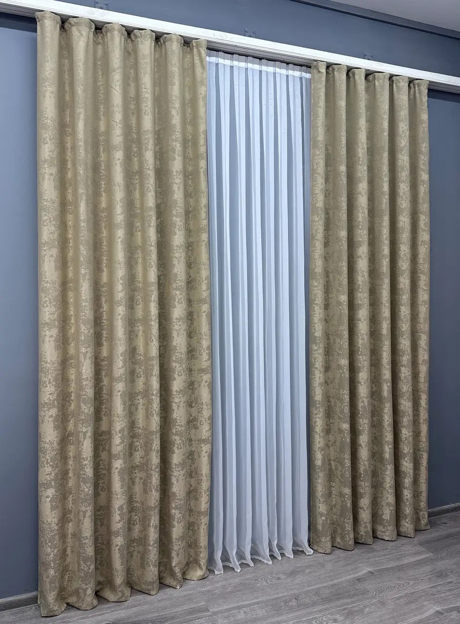 High-quality muted coffee jacquard curtains with a smooth fabric finish, creating a welcoming and elegant ambiance.
