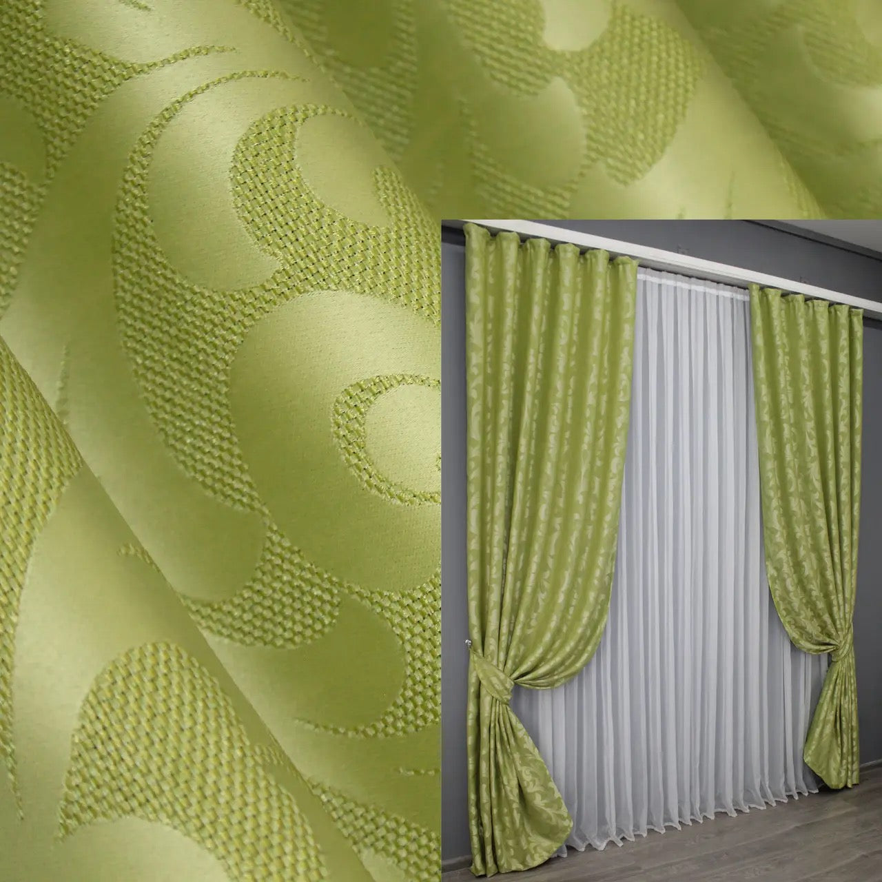 Olive green Venzel curtains featuring an elegant ornamental pattern, ideal for classic and modern interiors.
