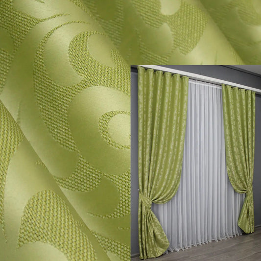 Olive green Venzel curtains featuring an elegant ornamental pattern, ideal for classic and modern interiors.
